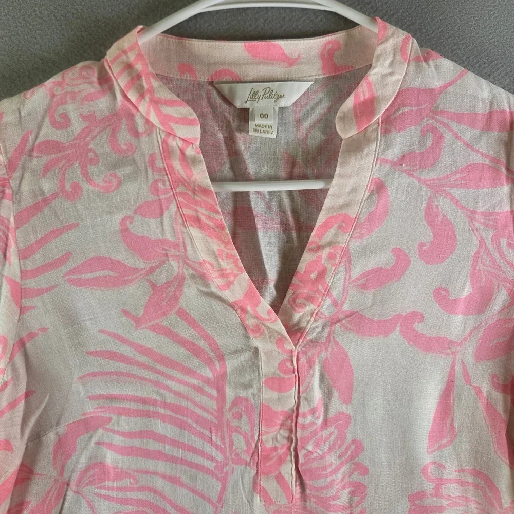 Lilly Pulitzer Mialeigh Elbow Top Glisten in the Sun Rousseau Pink 100% Linen 00
